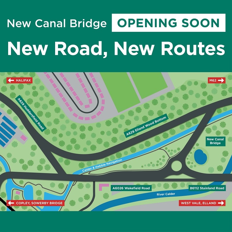 New Canal Bridge  opening soon. New road, new routes. Map shows the new road from the A629 crossing the canal and connecting to the new roundabout. 